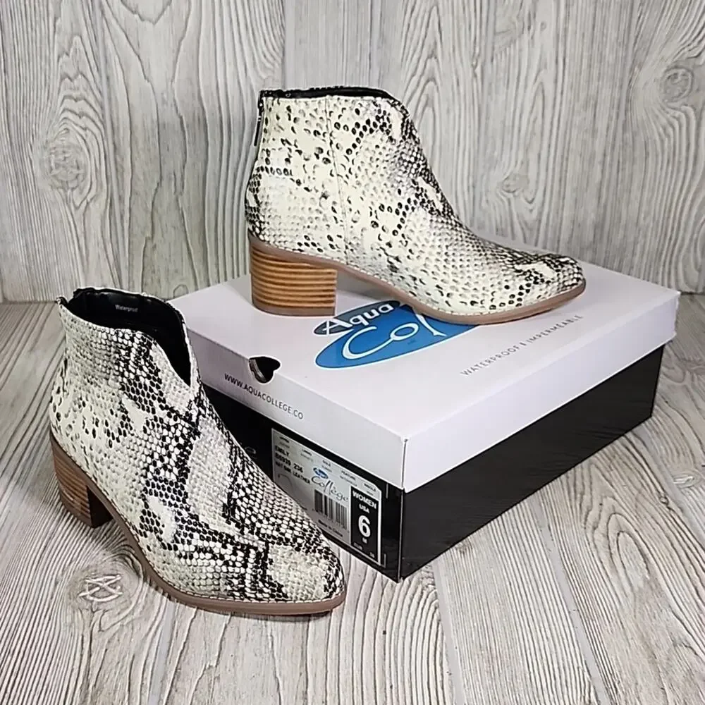 Aqua College Emily Natural Snake Print Leather Waterproof Ankle Boots Size 6 NEW